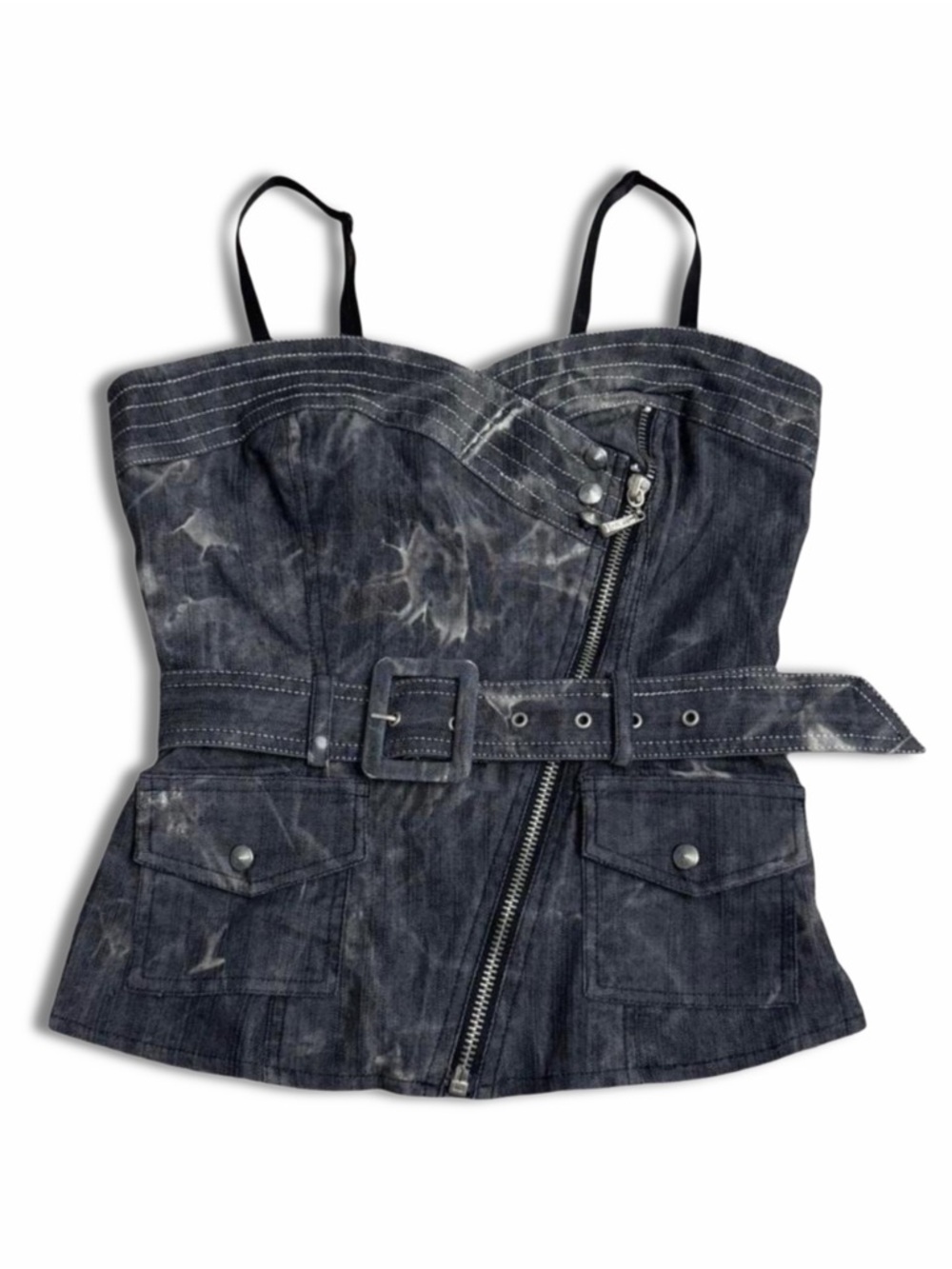 Y2K Lydia Asymmetrical Zip Belted Cargo Corset Top in a Stonewashed Grey